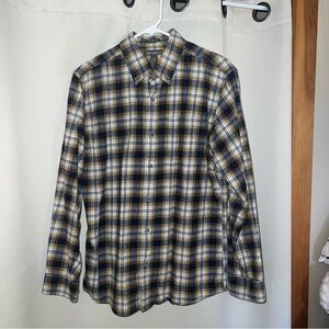 Eddie Bauer Flannel Plaid Button Down Shirt - Navy, Tan, Yellow Ochre